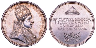 Pio VII (Barnaba Chiaramonti), Medaglia in argento, Visita del Pontefice alla zecca di Parigi, 18...