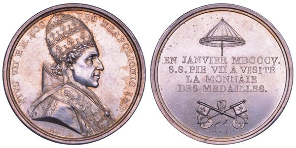 STATO PONTIFICIO. PIO VII (Barnaba Chiaramonti), 1800-1823. Medaglia in argento 1805/(A. IV). Visita del Pontefice alla zecca di Parigi.
