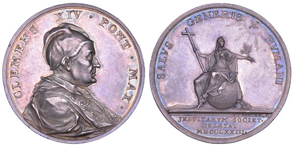 STATO PONTIFICIO. CLEMENTE XIV (Gian Vincenzo Antonio Ganganelli), 1769-1774. Medaglia in argento 1773/A. V. Cacciata dei Gesuiti.