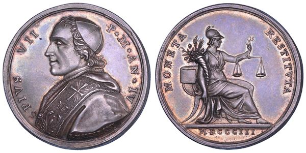 STATO PONTIFICIO. PIO VII (Barnaba Chiaramonti), 1800-1823. Medaglia annuale in argento 1803/A. IV. Nuovo sistema monetario.