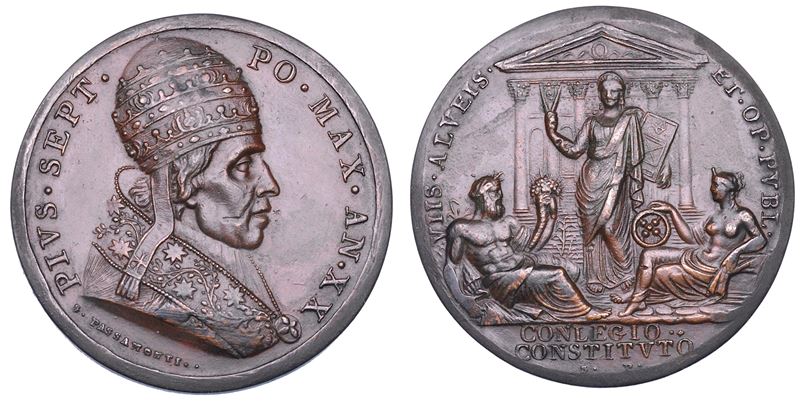 STATO PONTIFICIO. PIO VII (Barnaba Chiaramonti), 1800-1823. Medaglia annuale in bronzo A. XX (1819). Costituzione del Consiglio dell'Arte.  - Auction Numismatics - Cambi Casa d'Aste