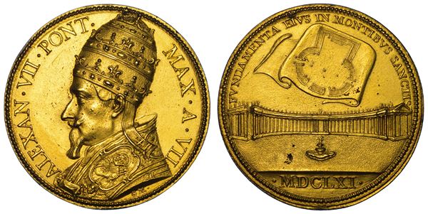 STATO PONTIFICIO. ALESSANDRO VII (Fabio Chigi), 1655-1667. Medaglia annuale in bronzo dorato 1661/A. VII. Costruzione del colonnato di Piazza San Pietro.