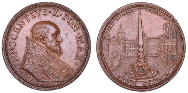 STATO PONTIFICIO. INNOCENZO X (Giovanni Battista Pamphilj ), 1644-1655. Medaglia in bronzo 1649/A. V. Inizio dei lavori per la costruzione della fontana dei Quattro Fiumi in Piazza Navona a Roma.