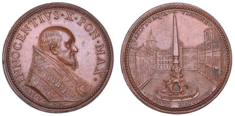 STATO PONTIFICIO. INNOCENZO X (Giovanni Battista Pamphilj ), 1644-1655. Medaglia in bronzo 1649/A. V. Inizio dei lavori per la costruzione della fontana dei Quattro Fiumi in Piazza Navona a Roma.  - Auction Numismatics - Cambi Casa d'Aste