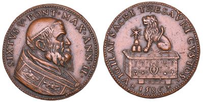 Sisto V (Felice Peretti), Medaglia in bronzo, 1586, Costituzione del tesoro di Castel Sant'Angelo