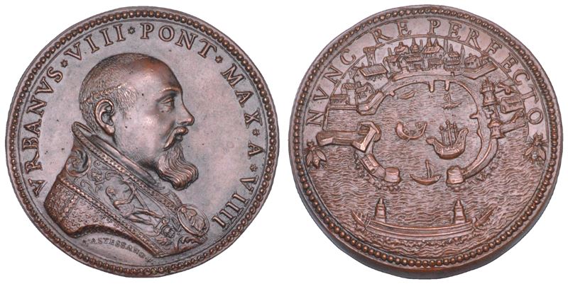 STATO PONTIFICIO. URBANO VIII (Maffeo Barberini), 1623-1644. Medaglia annuale in bronzo 1632/A. VIIII.  Fortificazioni al porto di Civitavecchia.  - Auction Numismatics - Cambi Casa d'Aste