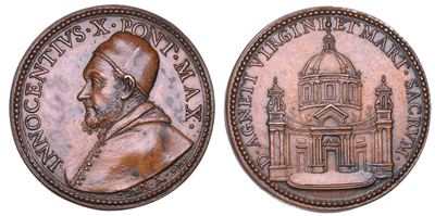 Innocenzo X (Giovanni Battista Pamphilj), Medaglia annuale in bronzo con il prospetto della chies...