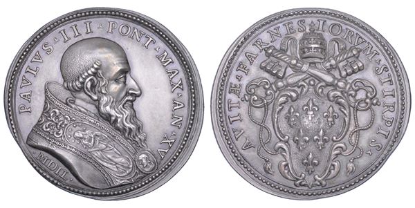 STATO PONTIFICIO. PAOLO III (Alessandro Farnese), 1534-1549. Medaglia di restituzione in argento (circa 1664) A. XV. 1549. Lavori di abbellimento di Roma per il giubileo del 1550.