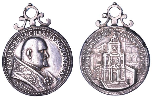 STATO PONTIFICIO. PAOLO V (Camillo Borghese), 1605-1621. Medaglia in argento (1618)/A. XIIII. Ricostruzione della Porta Vaticana.