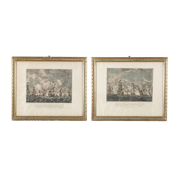 Coppia di stampe in cornice dorata raffiguranti battaglie navali