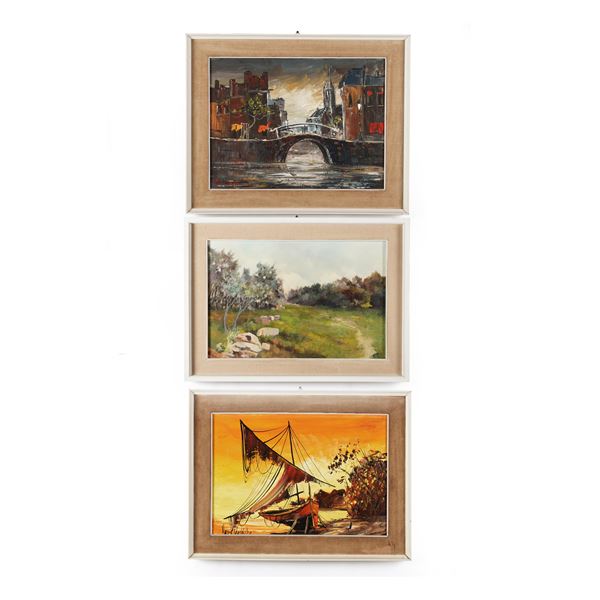Tre dipinti in cornice raffiguranti paesaggi