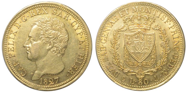 REGNO DI SARDEGNA. CARLO FELICE DI SAVOIA, 1821-1831. 80 Lire 1827. Genova.  - Auction Light Numismatics - Cambi Casa d'Aste