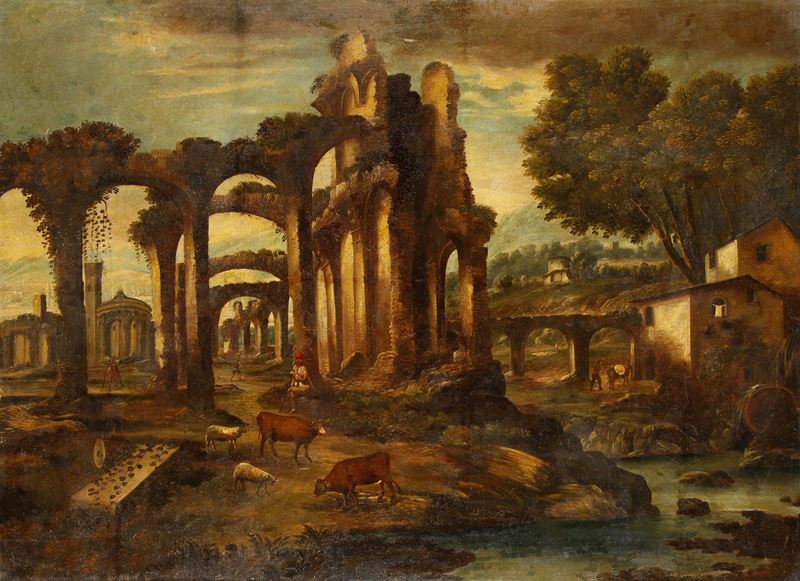 Antonio Travi Detto il Sestri - Paesaggio con rovine architettoniche, olio su tela