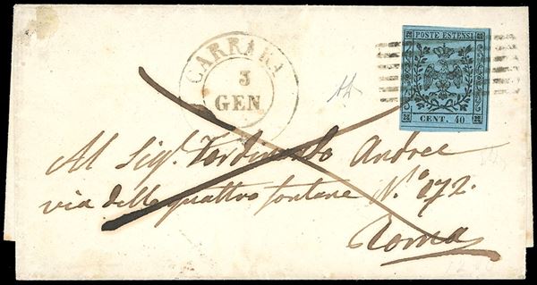 1853 - 40 cent. celeste (5), perfetto, su lettera da Carrara 3/1/1853 a Roma. Rara. Em. e A.Diena, cert. Ferrario.