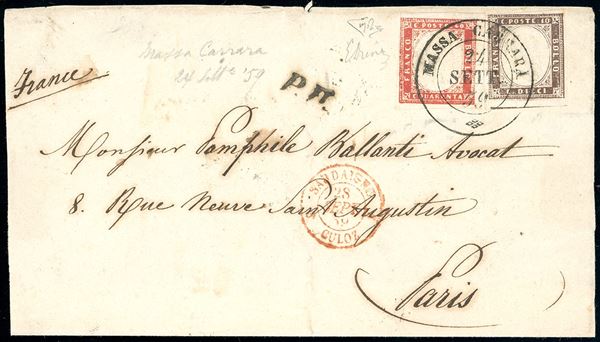 1859 - 10 cent. bruno porpora, 40 cent. rosso scarlatto della IV emissione di Sardegna (C2,C4), perfetti, su frontespizio completo di lettera da Massa Carrara 24/9/1859 a Parigi, Francia. Estremamente rare le corrispondenze per l'estero dall'Oltreappennino Modenese in questo periodo. Rarità del settore di ottima qualità. Em.Diena, cert. E.Diena.