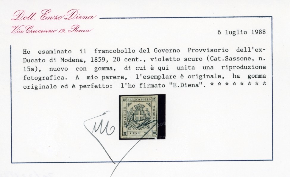 1859, 20 centesimi in ardesia violaceo, gomma originale