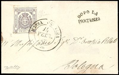1860, 20 cent. lilla grigio chiaro su lettera incompleta da Massa Carrara a Bologna