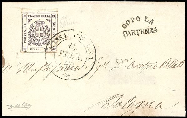 1860 - 20 cent. lilla grigio chiaro (16), perfetto, su lettera incompleta al verso da Massa Carrara 14/2/1860 a Bologna, bollo "dopo la partenza" sul fronte. Molto bella. Em.Diena, cert. Colla.