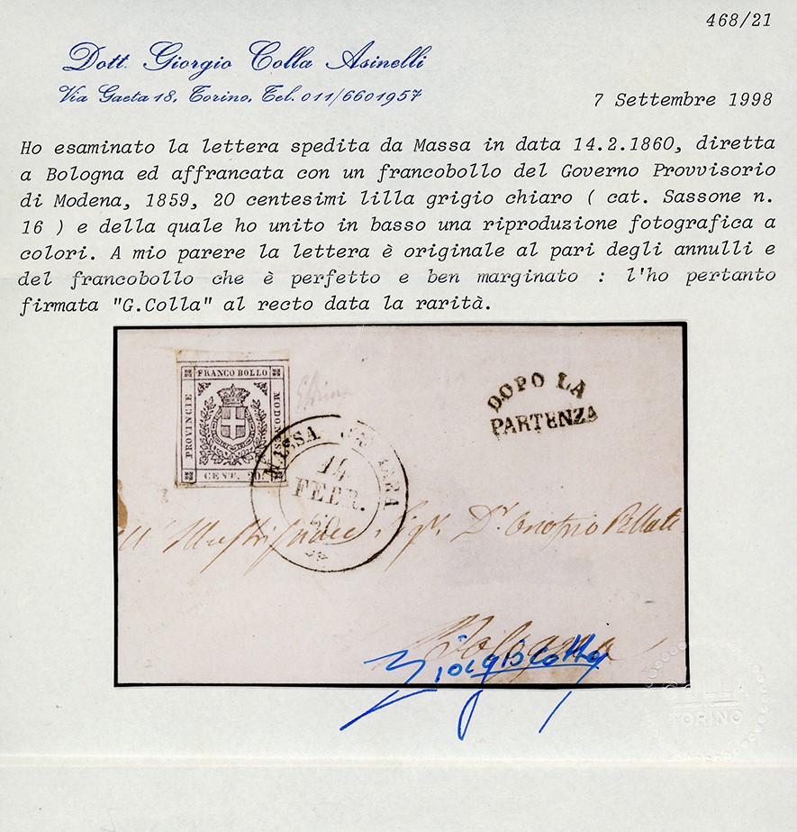 1860, 20 cent. lilla grigio chiaro su lettera incompleta da Massa Carrara a Bologna