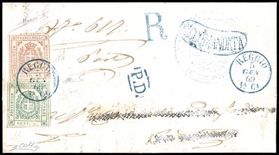 1860, 40 centesimi rosa carminio e 5 centesimi verde su lettera raccomandata da Reggio