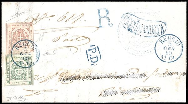 1860 - 40 cent. rosa carminio, 5 cent. verde (17,12), perfetti, su fresca lettera raccomandata da Reggio 5/1/1860. Raro. Em. ed A.Diena, Sorani, Ferrario, cert. Colla.