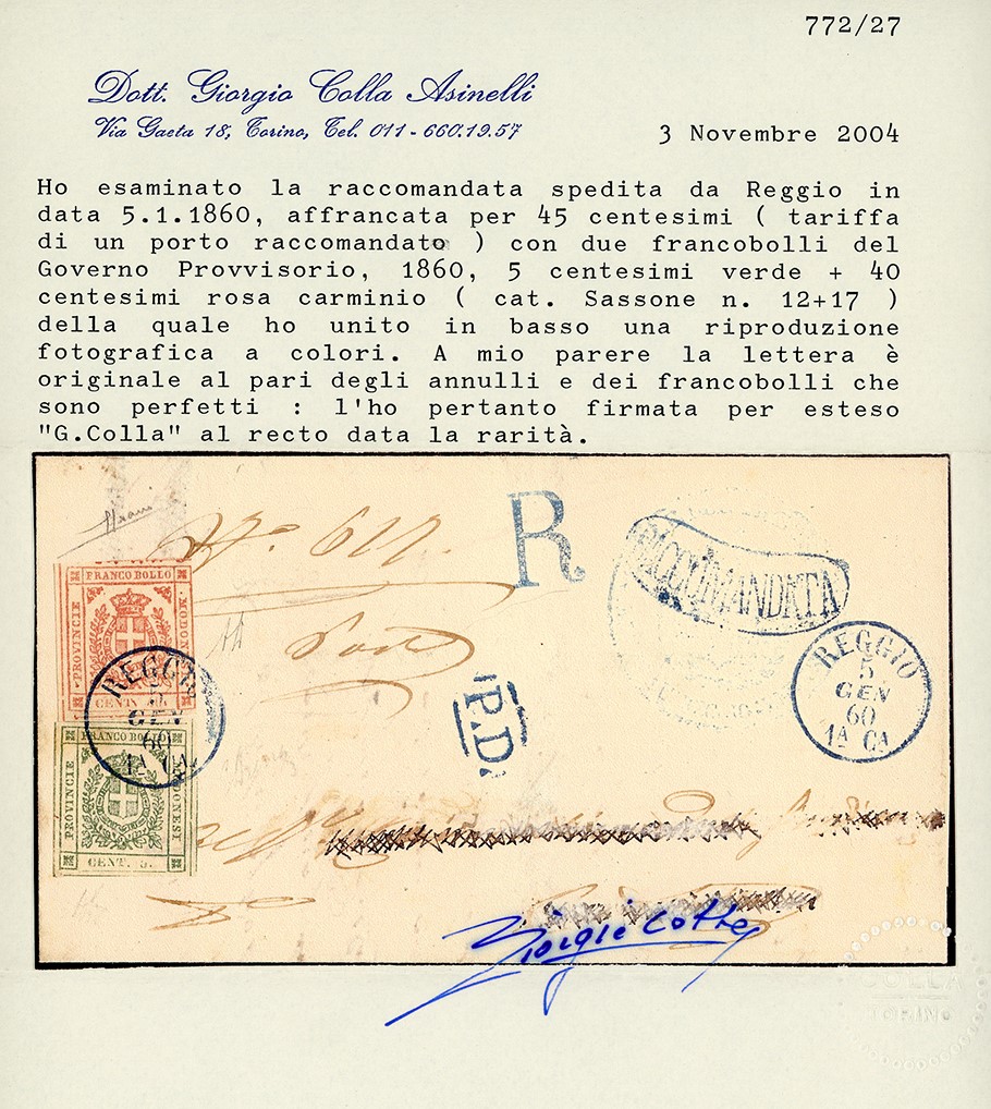 1860, 40 centesimi rosa carminio e 5 centesimi verde su lettera raccomandata da Reggio