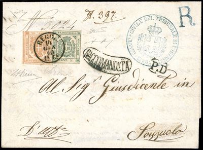1860, Francobollo bistro arancio da 80 cent. e francobollo verde da 5 cent. su lettera raccomanda...
