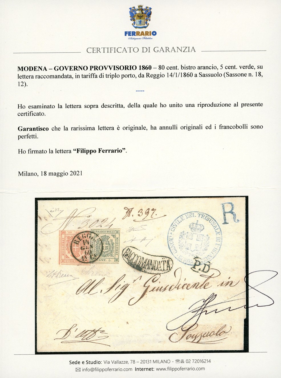 1860, Francobollo bistro arancio da 80 cent. e francobollo verde da 5 cent. su lettera raccomanda...
