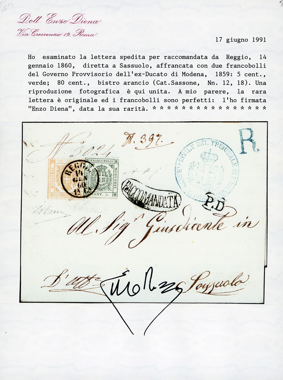 1860, Francobollo bistro arancio da 80 cent. e francobollo verde da 5 cent. su lettera raccomanda...