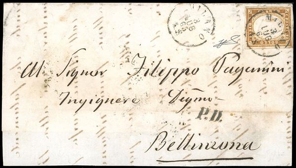 1863 - 10 cent. bistro (14E), perfetto, isolato su lettera incompleta al verso, da Milano 3/7/1863 a Bellinzona, bollo d'arrivo, in Svizzera, in tariffa di raggio limitrofo. Ferrario.