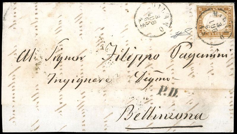 1863 - 10 cent. bistro (14E), perfetto, isolato su lettera incompleta al verso, da Milano 3/7/1863 a Bellinzona, bollo d'arrivo, in Svizzera, in tariffa di raggio limitrofo. Ferrario.  - Asta Filatelia - Cambi Casa d'Aste