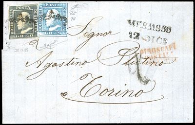1859, 20 grana grigio ardesia e 2 grana azzurro chiaro, lettera da Messina a Torino
