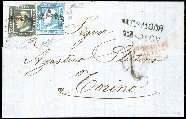 1859 - 20 grana grigio ardesia, 2 grana azzurro chiaro, I tavola, posizione 78 con ritocco (13,6g), perfetti, su lettera da Messina 12/12/1859 a Torino, sul fronte bollo "Piroscafi postali Francesi" in rosso e tassa 20 cent. Molto bella. Colla, cert. Raybaudi e Ferrario. Ex coll. Imperato.