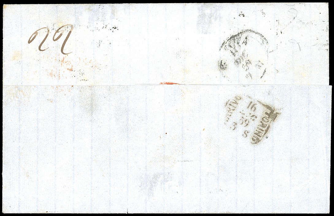 1859, 20 grana grigio ardesia e 2 grana azzurro chiaro, lettera da Messina a Torino