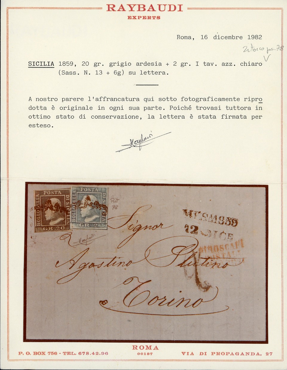 1859, 20 grana grigio ardesia e 2 grana azzurro chiaro, lettera da Messina a Torino
