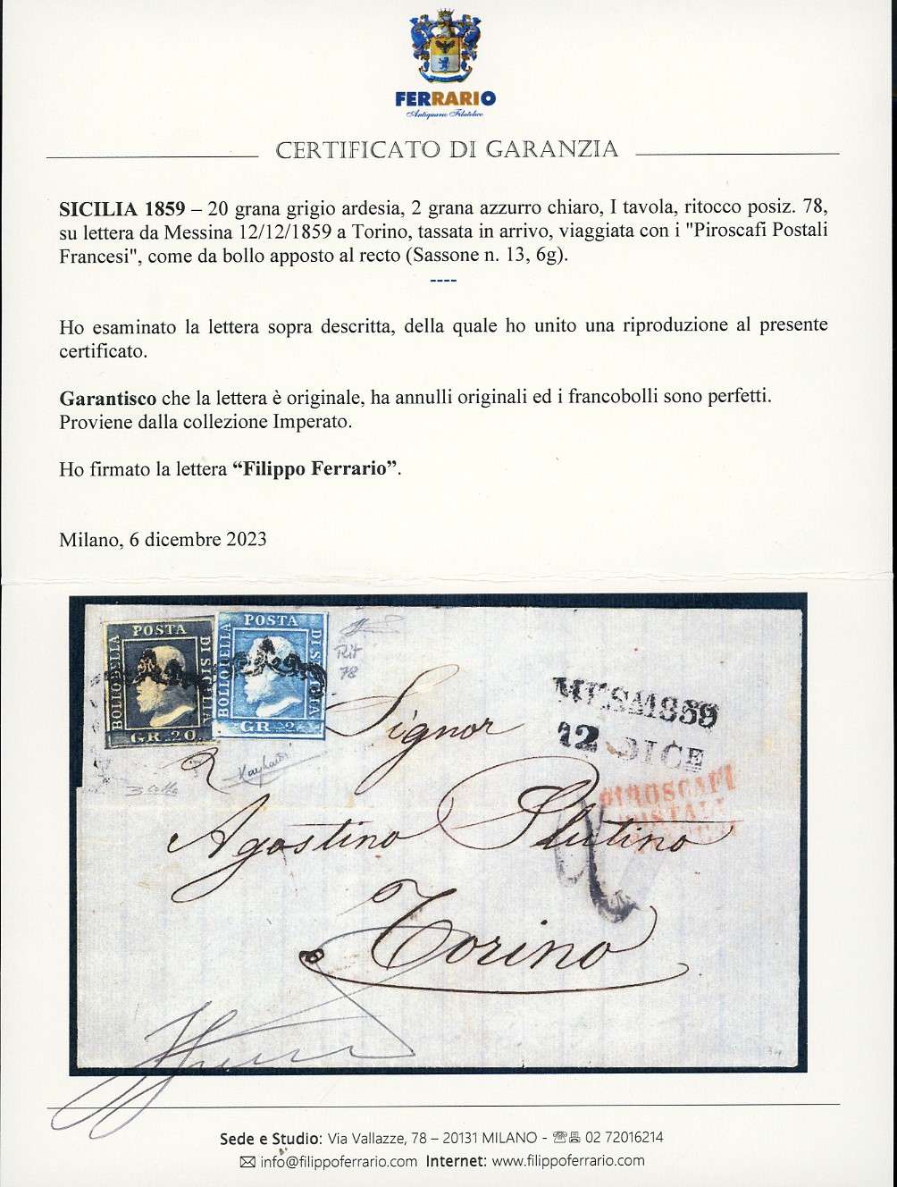 1859, 20 grana grigio ardesia e 2 grana azzurro chiaro, lettera da Messina a Torino