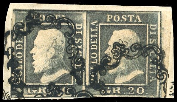 1859 - 20 grana ardesia violaceo (13d), coppia orizzontale, bordo di foglio a destra, perfetta e ben marginata, usata su piccolo frammento. Chiavarello, cert. Ferrario. Ex coll. Imperato.