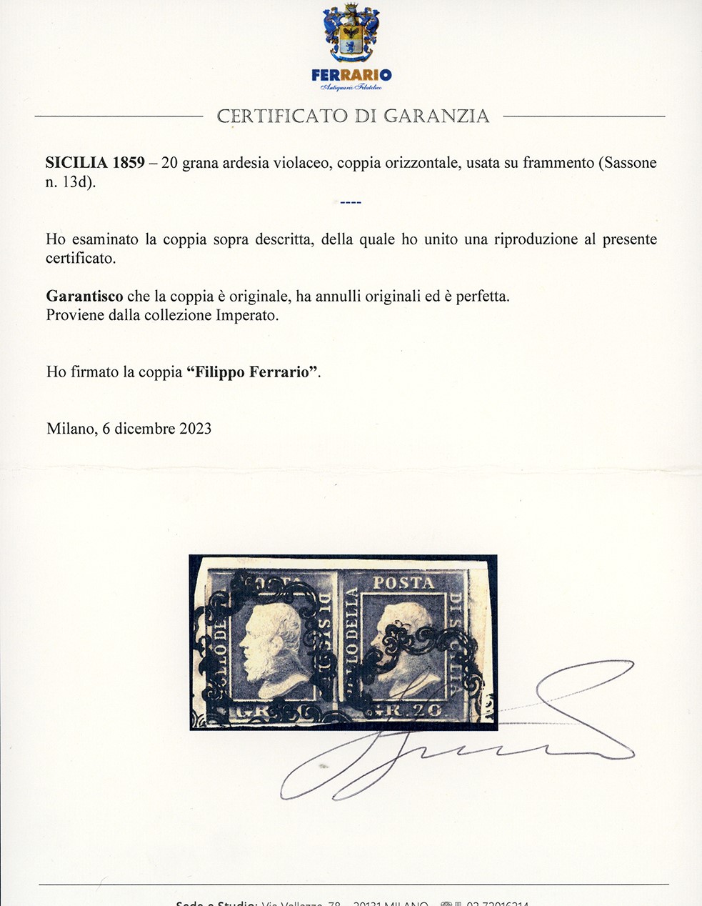 1859, 20 Grana Ardesia Violaceo, Coppia Orizzontale, Usata
