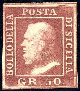 1859 - 50 grana lacca bruno, pos. 4 (14), gomma originale, perfetto. Cert. Cardillo.