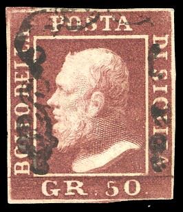 1859 - 50 grana lacca bruno (14), usato, perfetto. Emilio Diena, cert. Fiecchi e Ferrario.