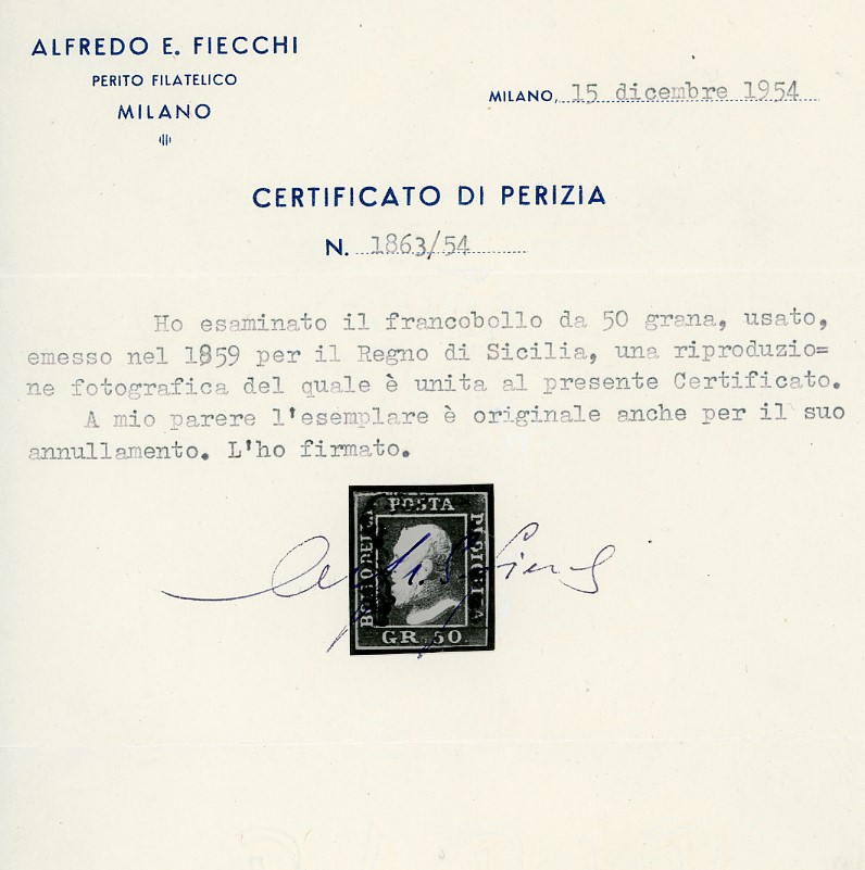 Emilio Diena, 1859 - 50 Grana lacca bruno (14) utilizzato, certificato Fiecchi e Ferrario