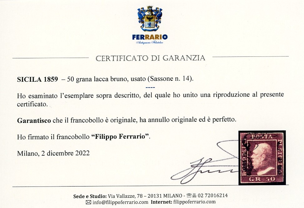 Emilio Diena, 1859 - 50 Grana lacca bruno (14) utilizzato, certificato Fiecchi e Ferrario
