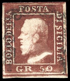 1859 - 50 grana lacca bruno, posiz. n. 93 con ritocco (14), usato con leggero annullo a ferro di cavallo che lascia scoperto e ben visibile il ritocco, ben marginato, minima ed impercettibile abrasione. Estremamente raro, ottimo aspetto. Cert. Bottacchi.