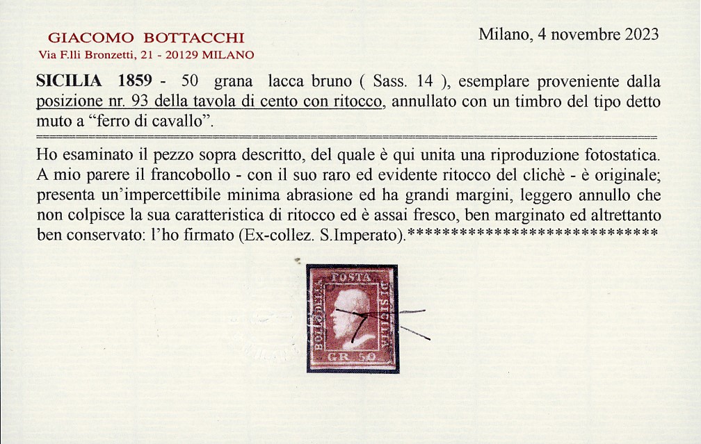 1859, 50 Grana Lacca Bruno, usato con ritocco e annullo a ferro di cavallo