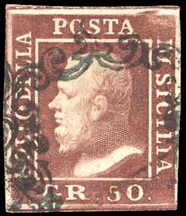 1859 - 50 grana cioccolato (14a), usato, perfetto. Bellissimo! Rara tinta. Chiavarello, Emilio e Alberto Diena, cert. Enzo Diena. Ex coll. Imperato.