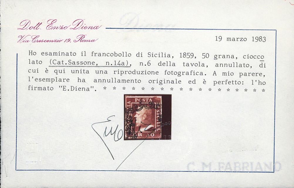 Cioccolato 50 Grana, 1859, usato, certificato da Emilio e Alberto Diena