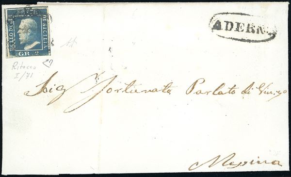 ADERNO', punti 12 - 2 grana, ritocco 71 (6), giusto in basso, su sovracoperta di lettera per Messina 6/3/1859. A. ed E.Diena.