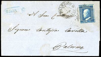 BRONTE, 2 grana, III tavola (8c) su lettera per Palermo, 31/8/1859 - Em.Diena