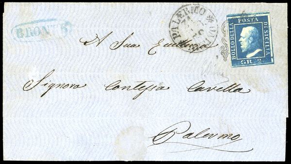 BRONTE, punti 11 - 2 grana, III tavola (8c), margine di foglio in alto, perfetto, su lettera per Palemro 31/8/1859. Em.Diena.