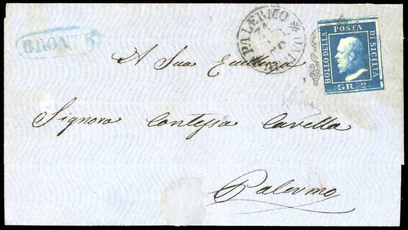 BRONTE, punti 11 - 2 grana, III tavola (8c), margine di foglio in alto, perfetto, su lettera per Palemro 31/8/1859. Em.Diena.  - Asta Filatelia - Cambi Casa d'Aste